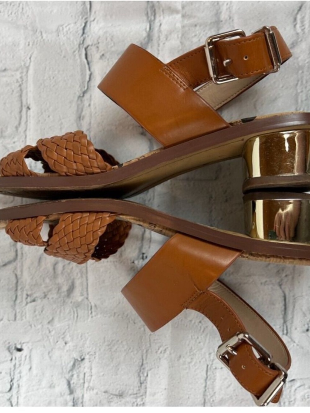 Sam Edelman Tan Braided Leather Block Heel Sandals with Gold Accent
